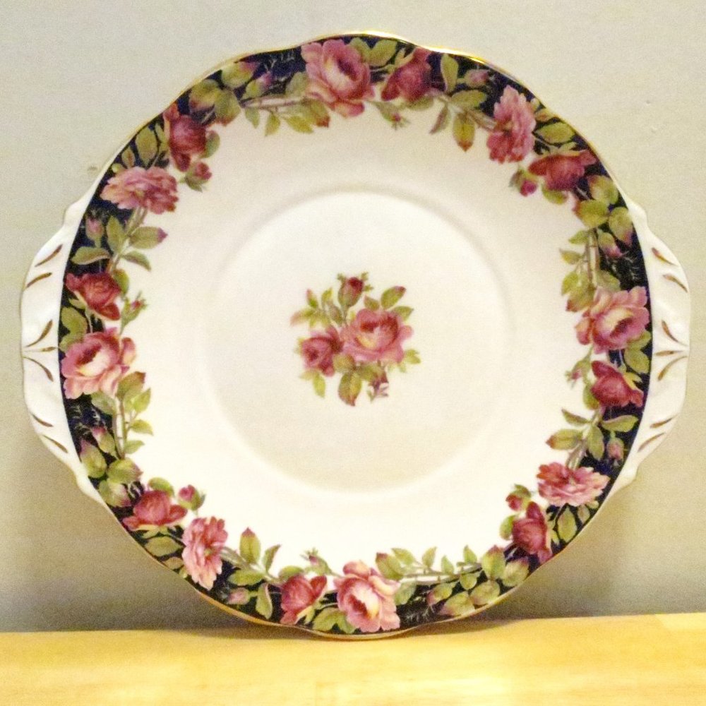 Queen Anne Black Magic Cake Serving Plate 9.4 Inch Pink Rose Bone China England